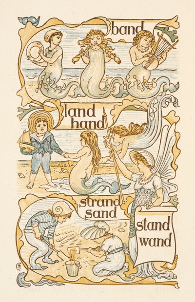 Rhyming words ending in the letter D. Mermaids. Children building sand castles on a beach. The Golden primer by Walter Crane