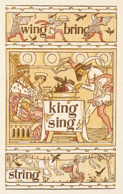 Rhyming words ending in the letter G. Blackbirds in a pie. A washing line. The Golden primer by Walter Crane