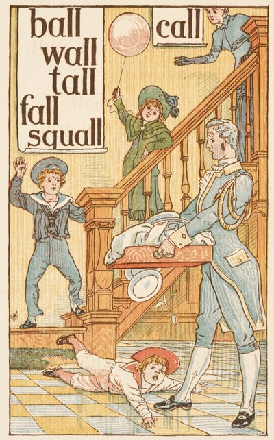 Rhyming words ending in the letter L. Children and a butler. The Golden primer by Walter Crane