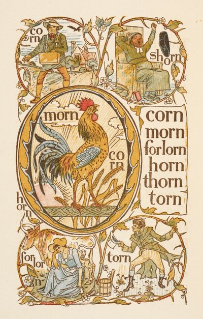 Rhyming words ending in the letter N. To illustrate the use of the letter O. The Golden primer by Walter Crane