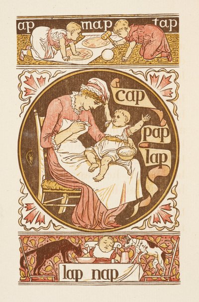 Rhyming words ending in the letter P. An illustration, showing a woman feeding a child. The Golden primer by Walter Crane