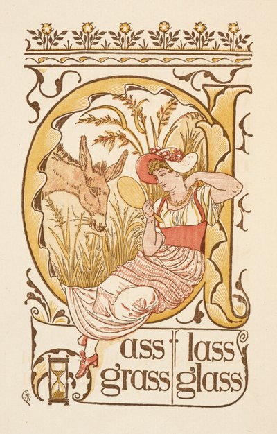 Rhyming words ending in the letter S. A woman holding a face mirror. The Golden primer by Walter Crane