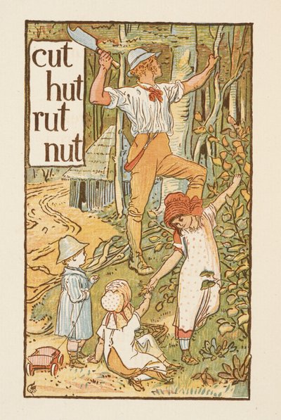 Rhyming words ending in the letter T. An illustration, showing a man cutting a tree. Three children are with him. The Golden primer by Walter Crane