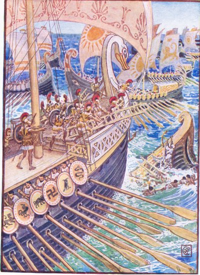 Ship dashed against ship, till the Persian dead strewed the deep like flowers, illustration from The Story of Greece by Walter Crane