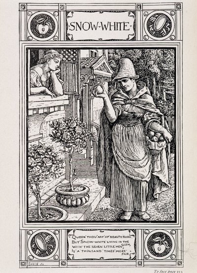 Snow White and the witch tending her apple - in Household Stories from the collection of the Bros Grimm, translated from German by Lucy Crane by Walter Crane