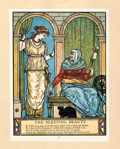 The Princess learns to spin, from The Blue Beard Picture Book, pub. 1879 colour lithograph, 1879 by Walter Crane
