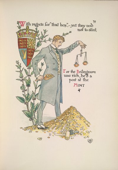 The bridegroom holding a pair of scales measuring his wealth by Walter Crane