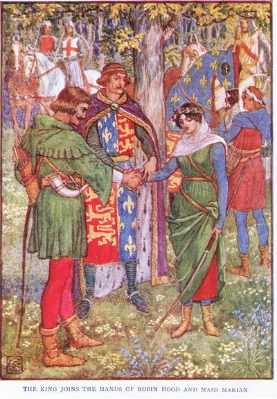 The king joins the hands of Robin Hood and Maid Marian by Walter Crane