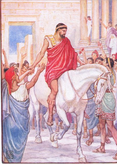 The multitude saluted him with loud acclamations, illustration from The Story of Greece by Walter Crane