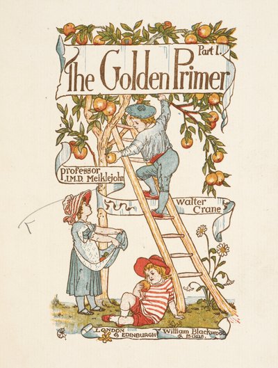 Title Page for the Golden Primer. A Child is on a Ladder, Picking Apples from a Tree by Walter Crane