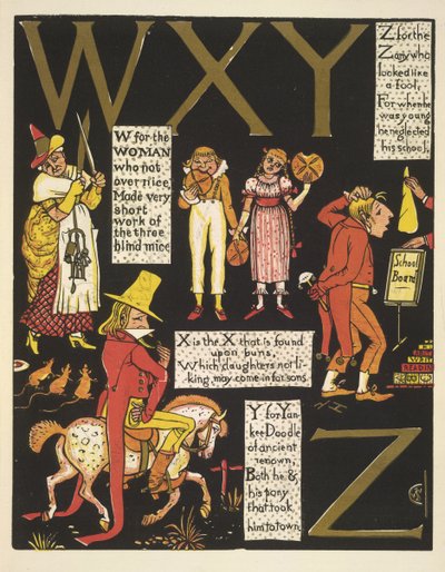 W for the Woman Who Was Not Over Nice; X is the X Found on Buns; Y for Yankee Doodle; Z for the Zany Who Looked Like a Fool by Walter Crane