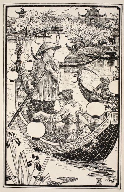 When evening came they got into their boat again, wreathing it with flowers from prow to stern, illustration from 