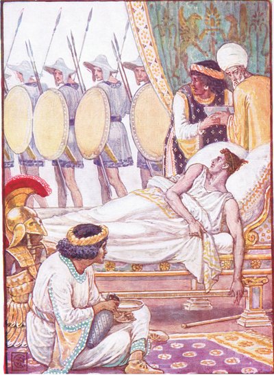 With an effort he looked at them as they passed, illustration from The Story of Greece by Walter Crane