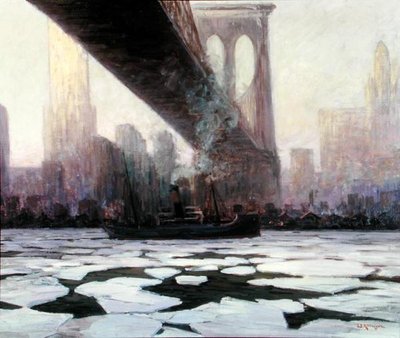Ship in Frozen Water Under the Brooklyn Bridge by Walter Koeniger