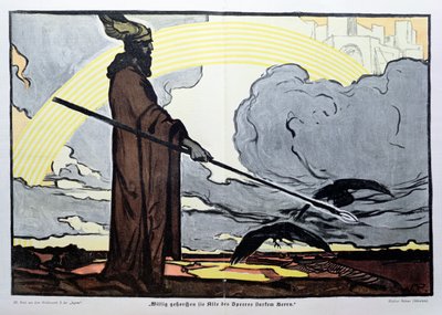 Odin with his two crows, Hugin (thought) and Munin (memory) by Walter Puttner