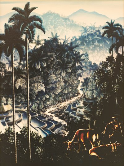 River landscape with herdsman and cows by Walter Spies