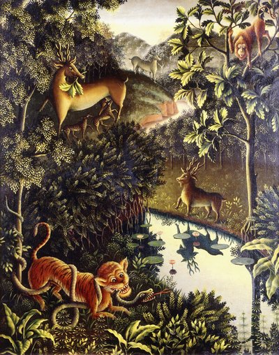 Tierfabel: Tiger and Snake in Combat in a Primeval Forest by Walter Spies