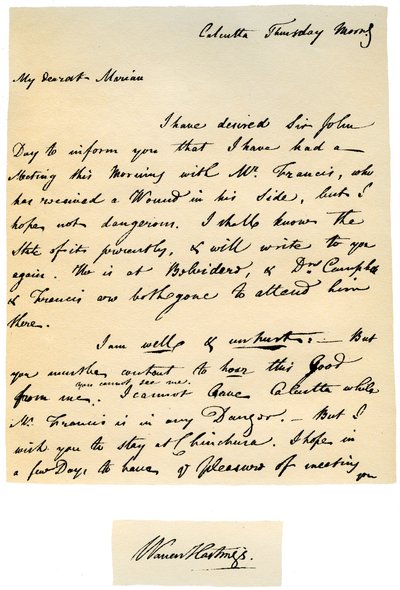 Letter from Warren Hastings, Governor-General of Bengal to His Wife, 17th August 1780 by Warren Hastings