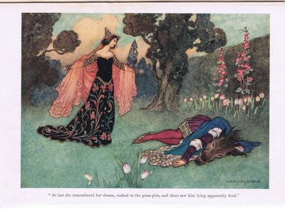 At last she remembered her dream, rushed to the grass-plot and there saw him lying apparently dead, illustration from 