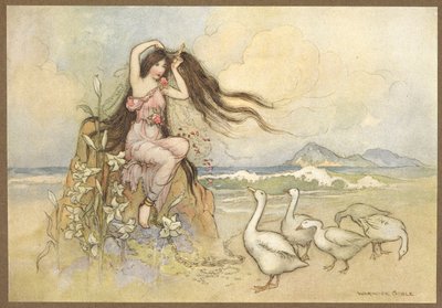 Marziella on the Seashore from, The Two Cakes by Warwick Goble
