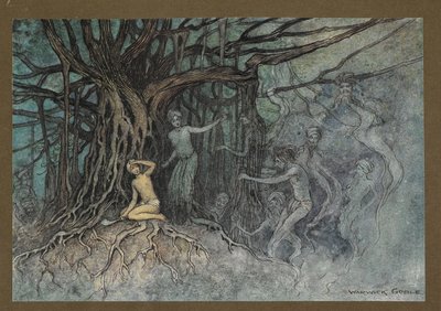 Plate 19: The moment the first stroke was given, a great many ghosts rushed towards the Brahman, from Folk-Tales of Bengal by Warwick Goble