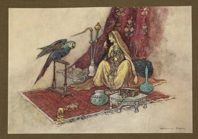 Plate 21: What princess ever only puts one ruby in her hair? from Folk-Tales of Bengal by Warwick Goble
