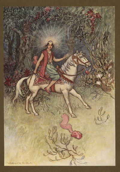 Plate 24: A bright light, like that of the Moon, was seen shining on his forehead, from Folk-Tales of Bengal by Warwick Goble