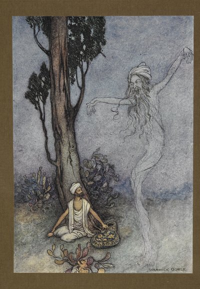 Plate 26: Now barber, I am going to destroy you. who will protect you?, from Folk-Tales of Bengal by Warwick Goble