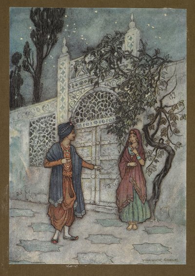 Plate 2: The prince revived, and, walking about, saw a human figure near the gate, from Folk-Tales of Bengal by Warwick Goble