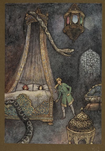 Plate 3: He rushed out of his hiding-place and killed the serpent, from Folk-Tales of Bengal by Warwick Goble