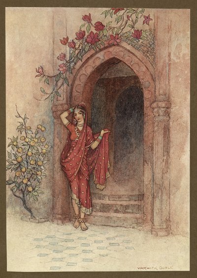 Plate 5: At the door of which stood a lady of exquisite beauty, from Folk-Tales of Bengal by Warwick Goble