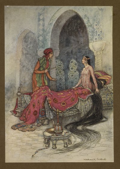 In a Trice She Woke Up, Sat Up in Her Bed, and Eyeing the Stranger, Enquired Who He Was, from Folk-Tales of Bengal by Warwick Goble