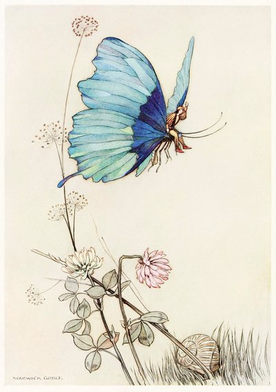 The Butterfly Took Wing, and Mounted Into the Air with Little Tom on His Back, from The Fairy Book by Warwick Goble