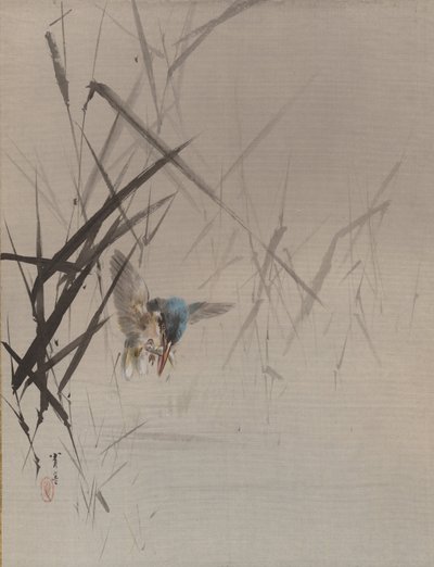 Bird Catching Fish Among Reeds by Watanabe Seitei