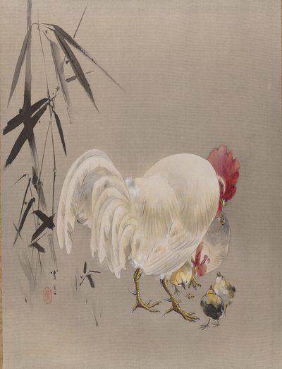 Rooster and Hen with Chicks by Watanabe Seitei