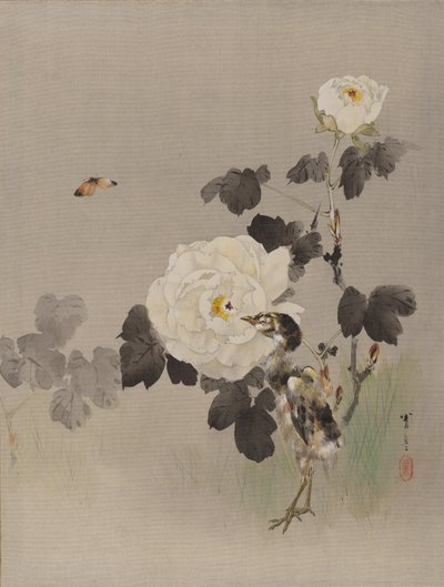Roses, Young Bird and a Butterfly, ca. 1887 by Watanabe Seitei