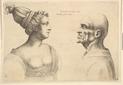 A Female with Hair Tied Back and a Bald Male Facing Each Other by Wenceslaus Hollar