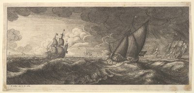 A yacht and three warships in a storm by Wenceslaus Hollar