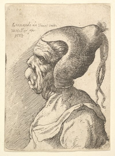 Bust of a Deformed Woman with Conical Hat and Two Dangling Plaits in Profile to Left by Wenceslaus Hollar