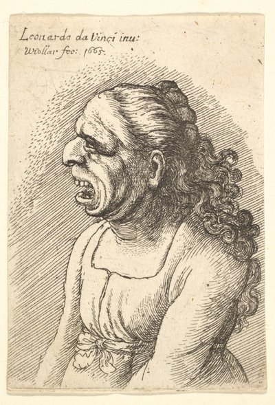 Bust of Woman with Wide-Open Mouth and Long Curly Hair Falling Over Her Shoulders by Wenceslaus Hollar
