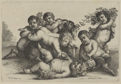 Three Boys, Two Satyrs, a Bacchant, and a Goat (series title: Putti and Satyrs) by Wenceslaus Hollar