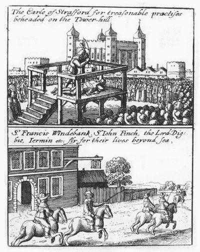 Earl of Stafford Beheaded on Tower Hill; Sir Francis Windebank, Sir John Finch and Lord Digby Flee England by Wenceslaus Hollar