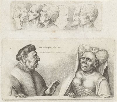 Frieze with Study Heads / Caricatures of the King and Queen of Tunisia by Wenceslaus Hollar