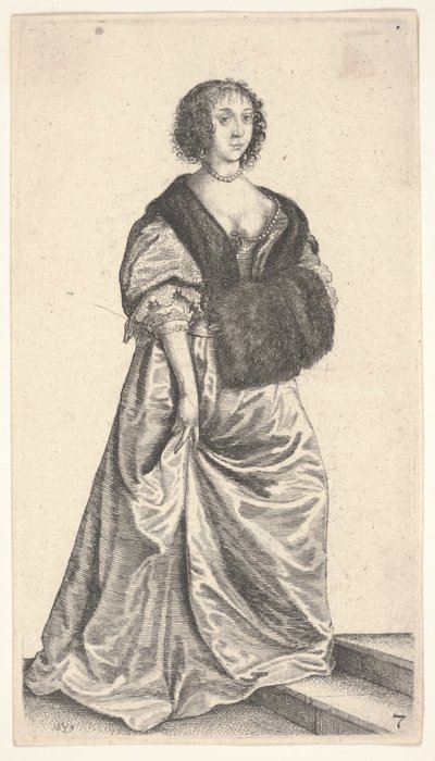 Lady with Fur Muff Standing on Two Steps by Wenceslaus Hollar
