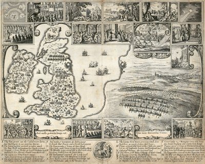 Map of the British Isles and illustrations of 17th century historical events by Wenceslaus Hollar