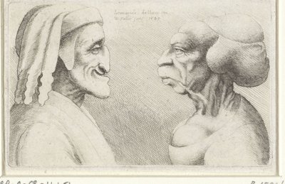 Deformed Caricature Heads of a Man with Cap (Dante?) and Woman by Wenceslaus Hollar