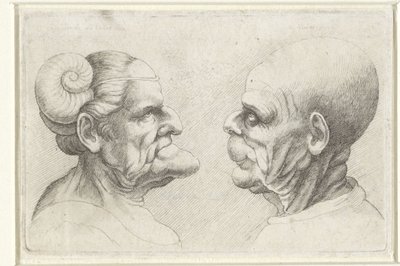 Deformed Heads of a Bald Man and Woman with Horns on Their Heads by Wenceslaus Hollar
