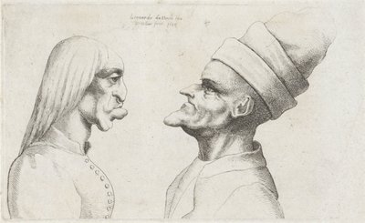 Deformed Heads of a Woman with Straight Hair and a Man with a Double-Brimmed Hat, Caricatures, Heads and Deformations after Leonardo da Vinci (series title) by Wenceslaus Hollar