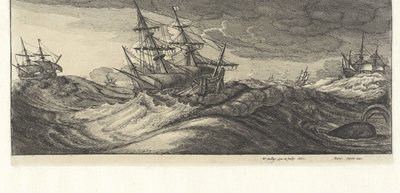 Warships and a Whale in a Sea Storm by Wenceslaus Hollar