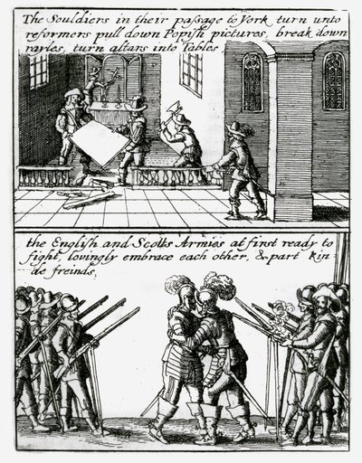Soldiers destroy religious images in a church; English and Scottish soldiers embrace by Wenceslaus Hollar